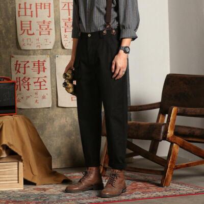 Men's Casual Cotton Work Suspenders Braces Pants Loose Wide Leg