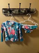 Little Girl 2 Piece Swim Suit Aqua and Pink Flamingo 12 to 18 months