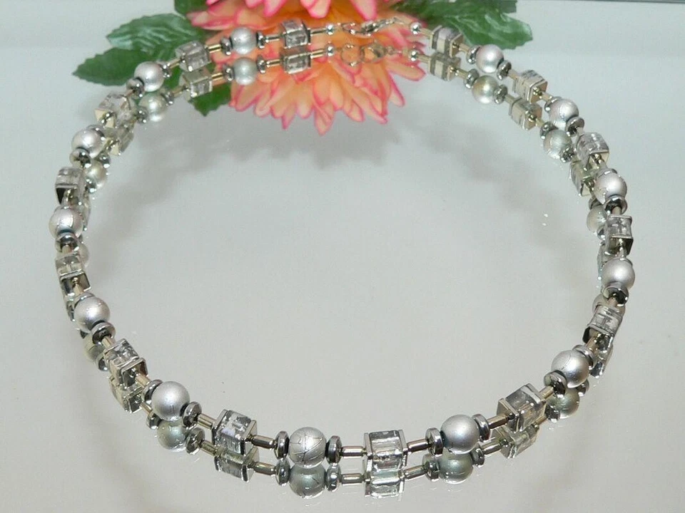 Halskette Würfelkette Cube Würfel Hämatit Perlen Glas silber Modeschmuck  494c - Bild 4 von 4