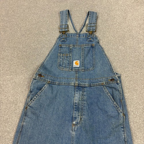Carhartt Dungarees Kids Size 10 28x18 Blue Bib Denim Sanforized Overalls Youth - Picture 2 of 10