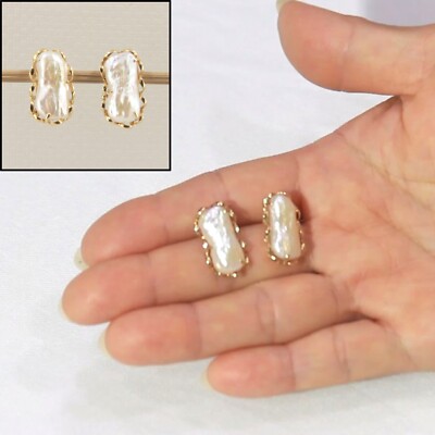 Ohrstecker 14 Karat Gelbgold handgefertigt Welle & weiße Biwa Perlen
