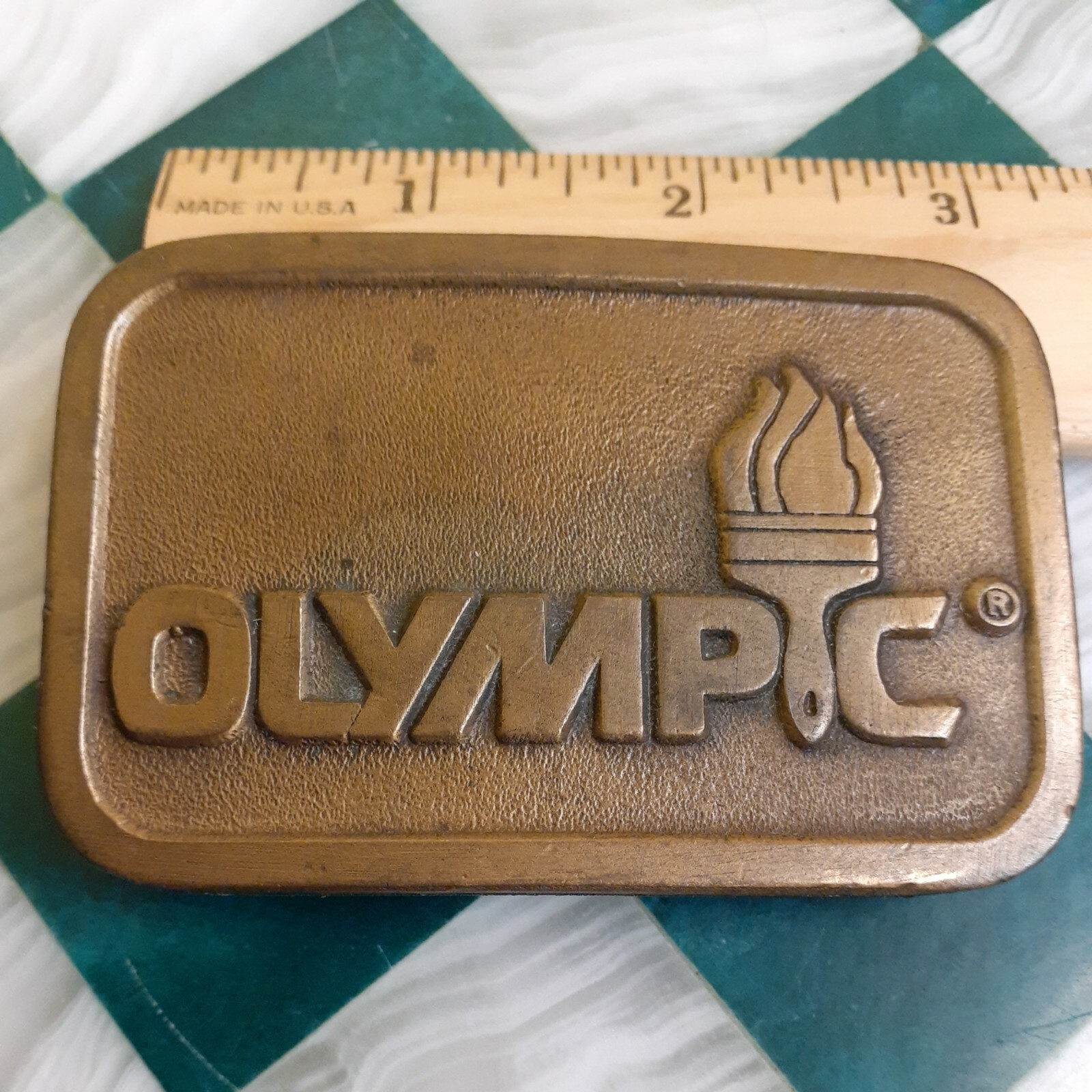 Olympic Paint Belt Buckle Vintage Brand Promo Brass B… Gem