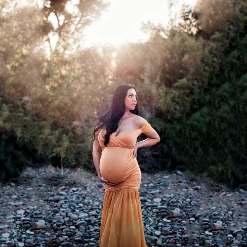 Gold Umstandskleid Fotoshooting Kleid Fotografie Schulterfrei Lang Maxi M-L-XL - Bild 7 von 12