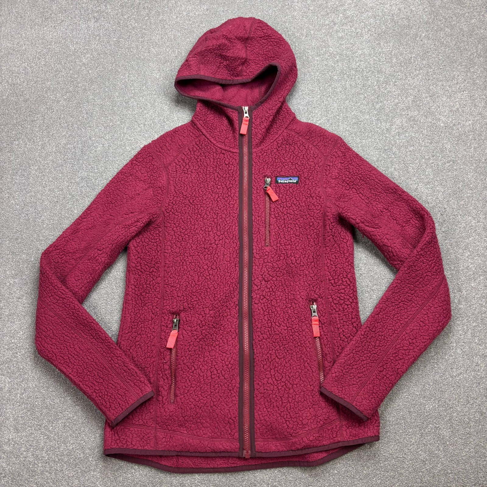 Patagonia Polar Mujer Mediano Rojo Retro Pila Capucha Cremallera Completa Logo Jersey Dama