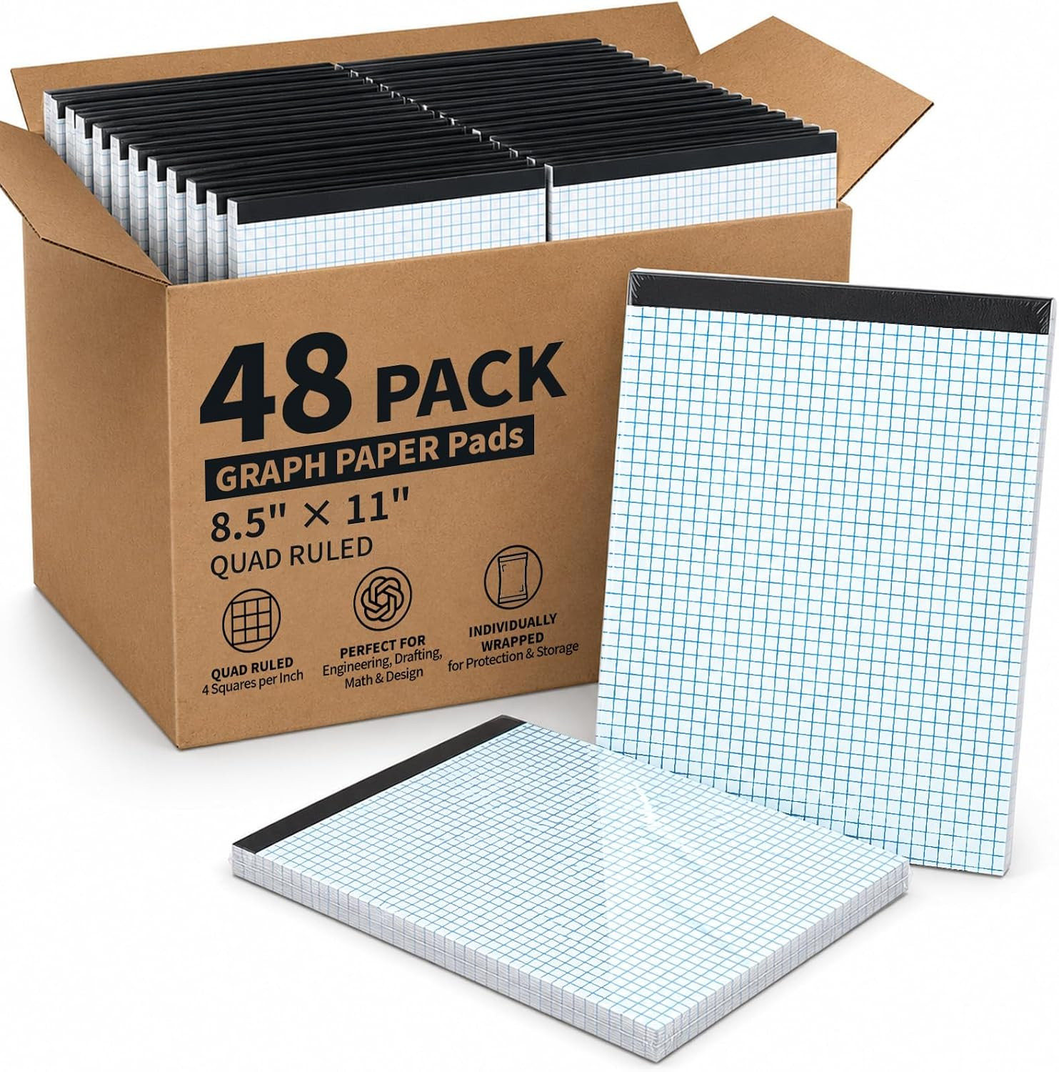 48 Pack Graph Paper Pads 8.5 X 11 Inch 4X4 Grid Ruled Notebook