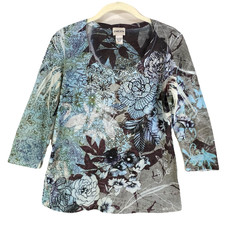 Chicos Size 0 Top Black Blue Floral Bling Front 3/4 Sleeve Made in USA Womens S