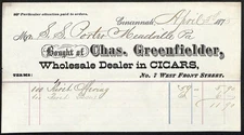1875 Cincinnati Chas. Greenfielder Wholesale Cigars Receipt Ephemera Billhead