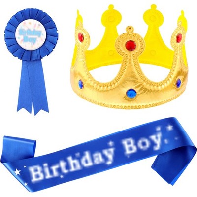 Birthday King Crown Sash Button Pins Set for Kids Party Decorations