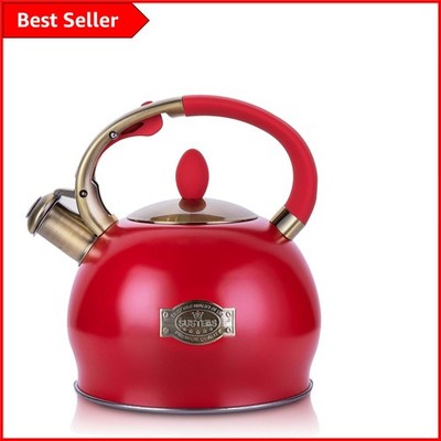 Eleganter 3L Edelstahl Pfeifen Teekessel mit Cool Touch Griff - Rot