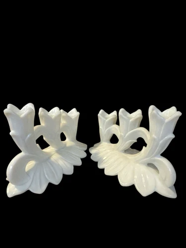 Set Of 2 Vintage Westmoreland Lotus 3 Light Candle Holder Milk Glass Candlestick