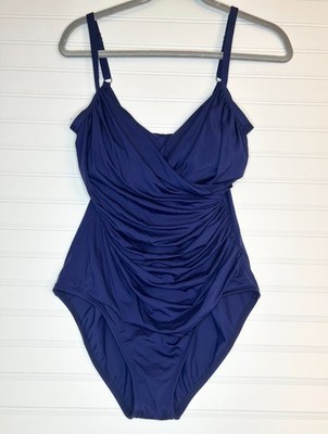 Jantzen Classic One Piece Swimsuit Women's 12 Navy Blue Ruched Built-In Bra