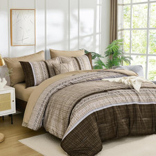 Brown Comforter Set Queen Size, 8 Pieces Boho Striped Bed in a Bag Soft Microfib