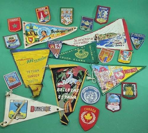 Collection vintage mid-century travel holiday souvenir patches & pennants flags