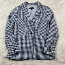 Talbots Womens Blazer Houndstooth Blue White Buttoned Jacket Classic