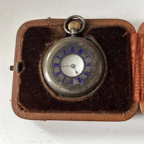 Antique Swiss Made Half Hunter 935 Silver Pocket Watch with leather travel case