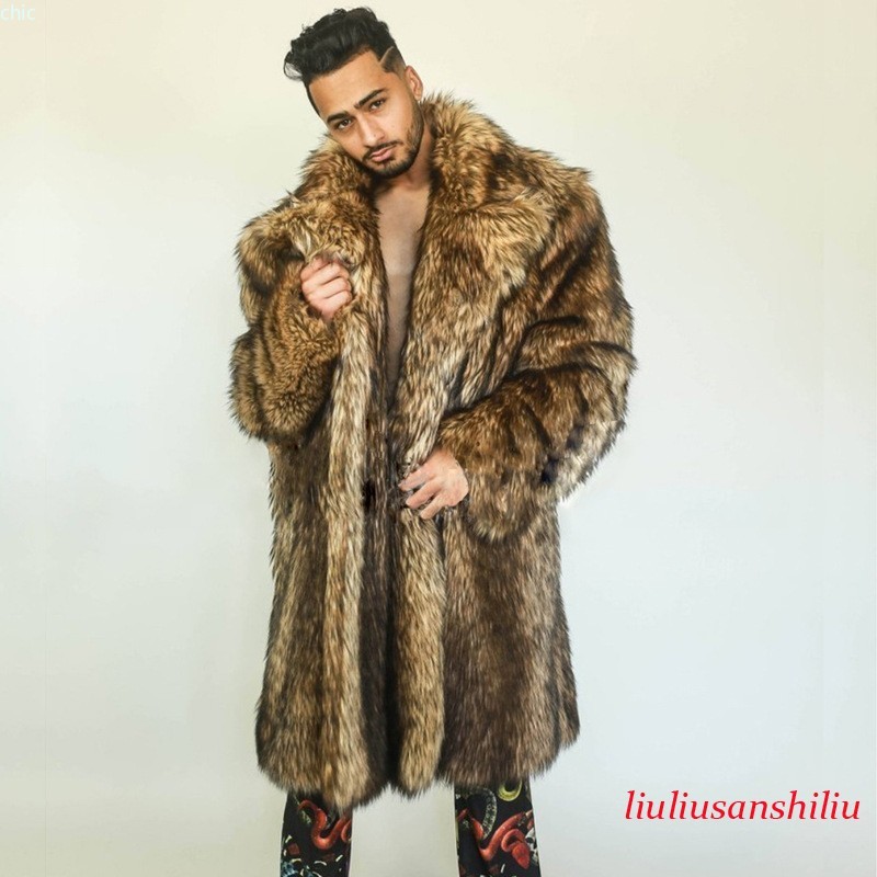 Men Raccoon Fur Coat Winter Lapel Collar Mid Long Faux Fur Overcoat 100cm Length