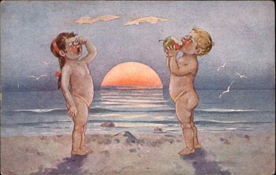 Crying Little Girl on Beach boy Eating Apple Sunset Bare Butts Antique Postcard