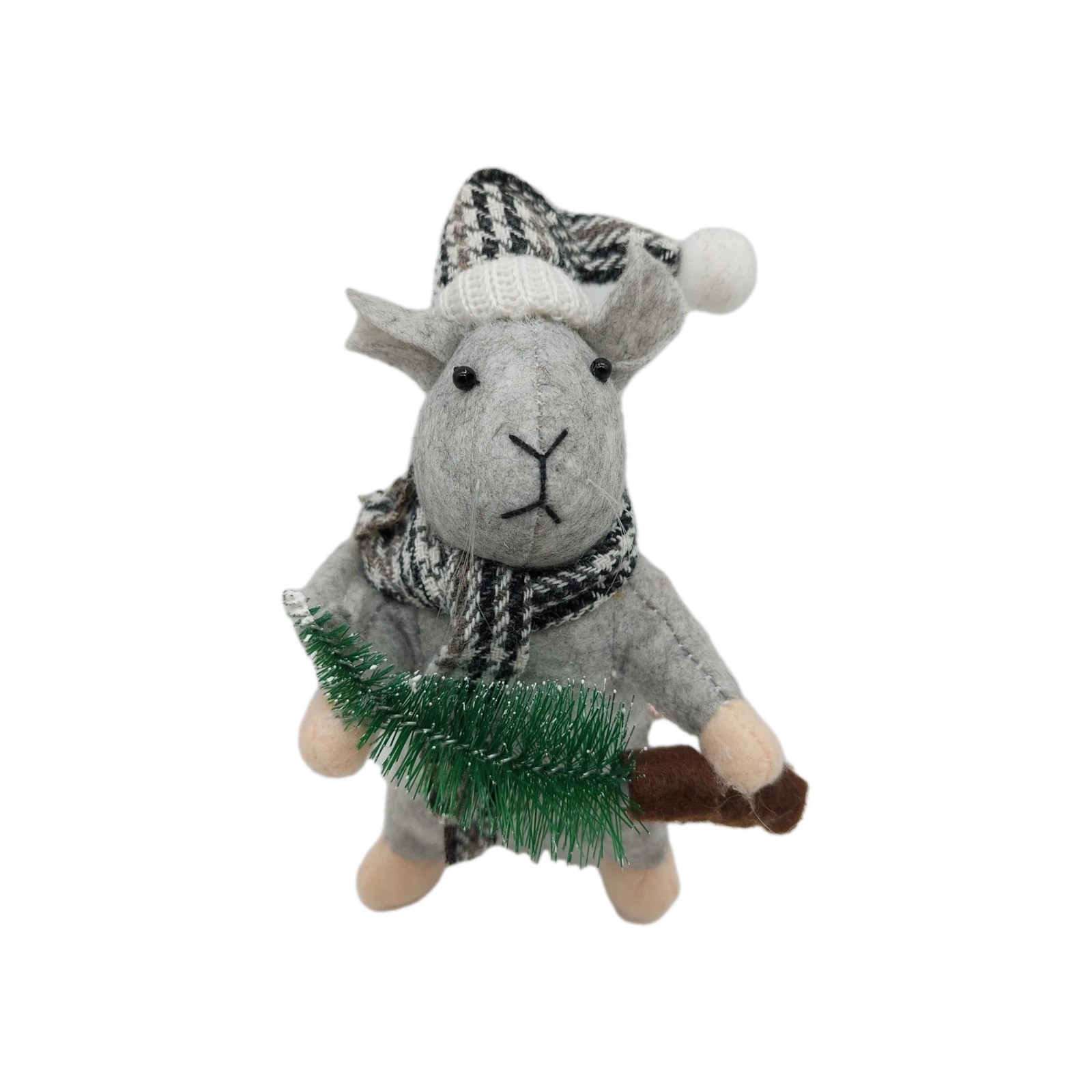 Mouse Gray Wool Felt Christmas Ornament Wearing Hat Scarf