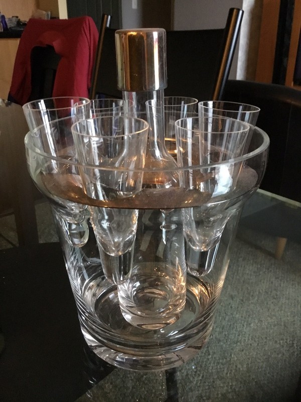 Rare Vintage Saint Hilaire Vodka Server W/ Bottle & 6 Cone Shaped Shot Glasses