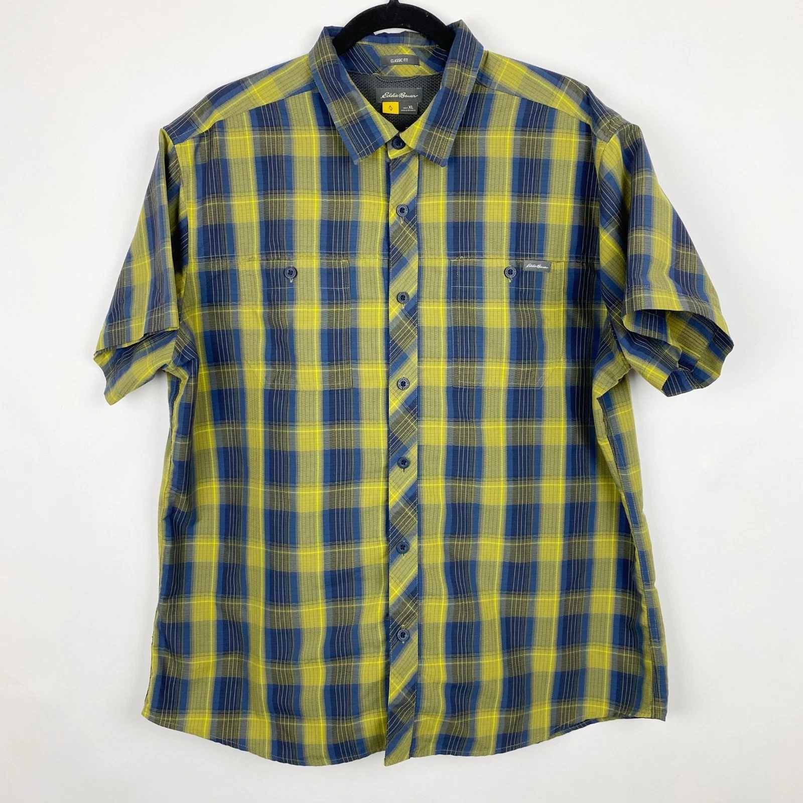 Eddie Bauer Travex Mens XL Classic Fit Plaid Short Sleeve Button Up Shirt Hiking