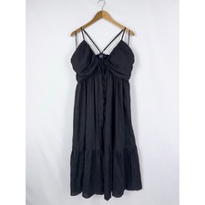 Gap Tie Front Ruffle Hem Crinkle Smocked Midi Dress Women's Large Tall Black