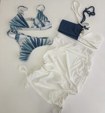 Tropical Leaf Print Bikini Women s 3 Piece Vacation Beach Set White, Blue Size M