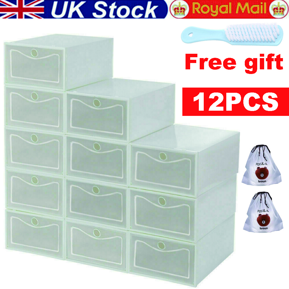 12x White Plastic Shoe Storage Boxes Drawer Stackable Foldable Durable Organiser