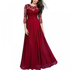Womens Lace Round Neck Long Formal Party Ball Gown Prom Bridesmaid Evening Dress