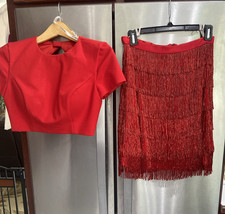 Sherri Hill 2 PC RED BEADED FRINGE SKIRT SZ 4 SHORT SLEEVE CROP TOP STYLE 51339