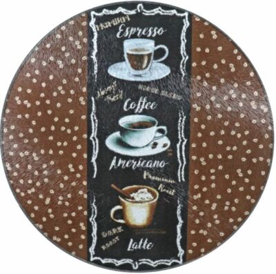 Round Glass Cutting Board / Trivet, app 8'', 3 COFFEE TYPES & BEANS ON BROWN, GR