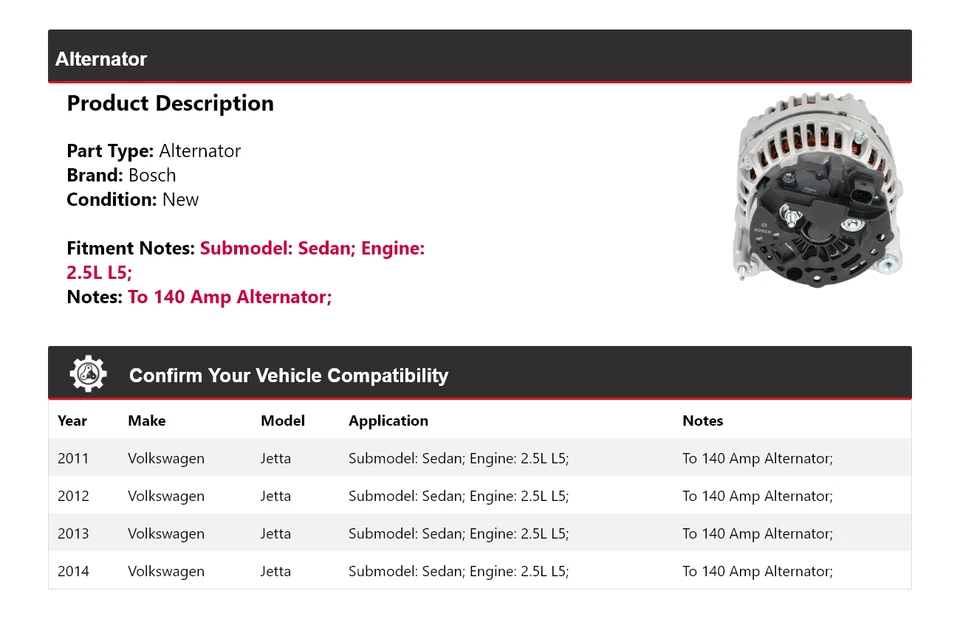For 2011-2014 Volkswagen Jetta Sedan 2.5L L5 Bosch Alternator (New) 2012 2013 - Image 2 of 4