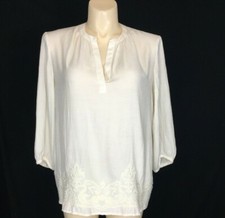 Banana Republic Peasant Top LARGE Off White Viscose Bl Embroider Hem 3/4 Sl