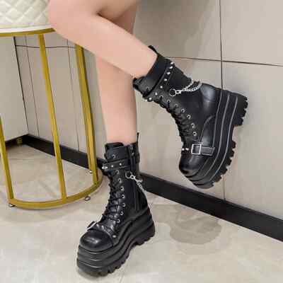 Gothic Boots Women Goth Platform Mid Calf Boots With Rivet Buckle