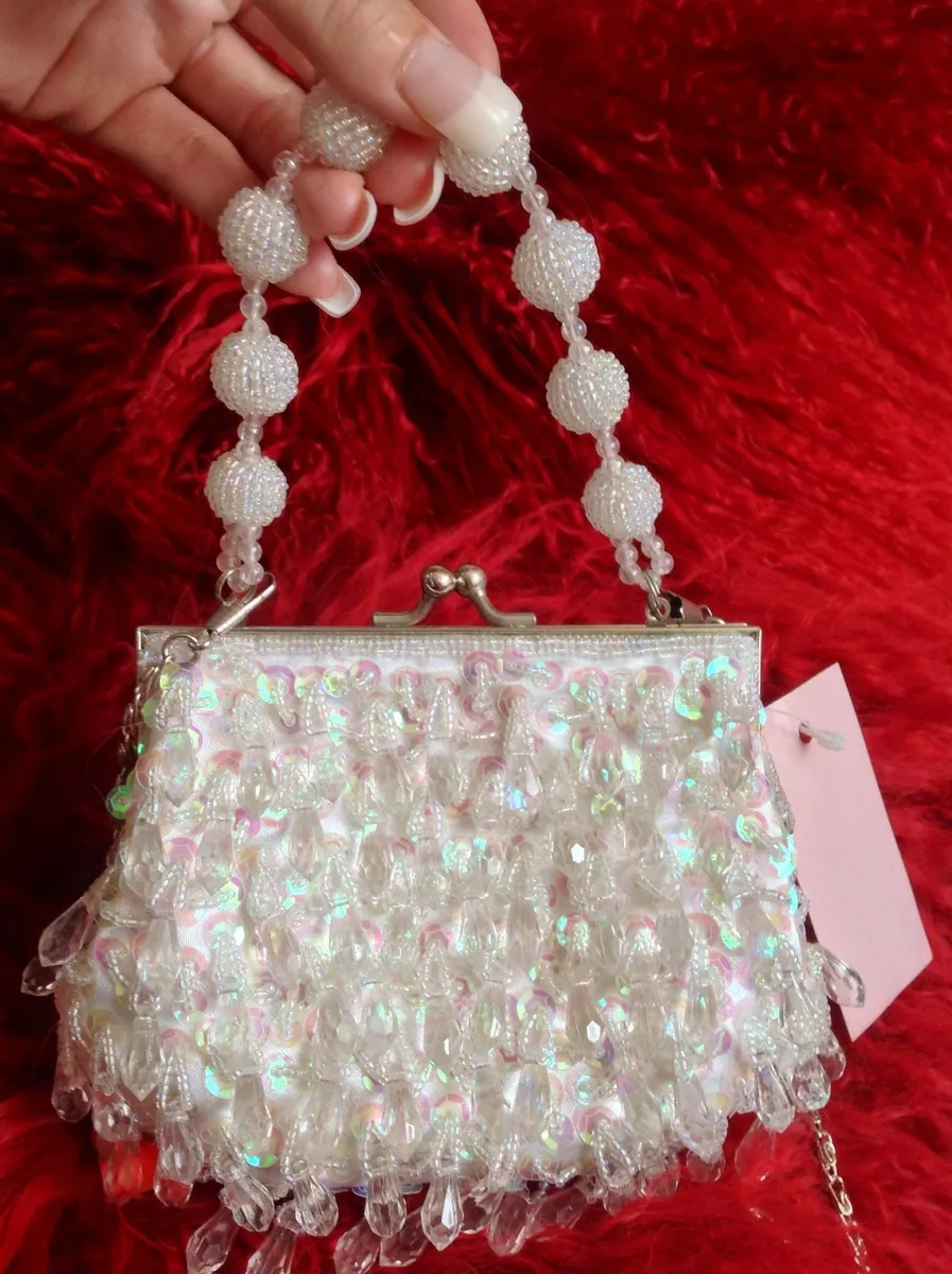 VINTAGE WHITE SMALL BEADED CLUTCH BAG WOMENS