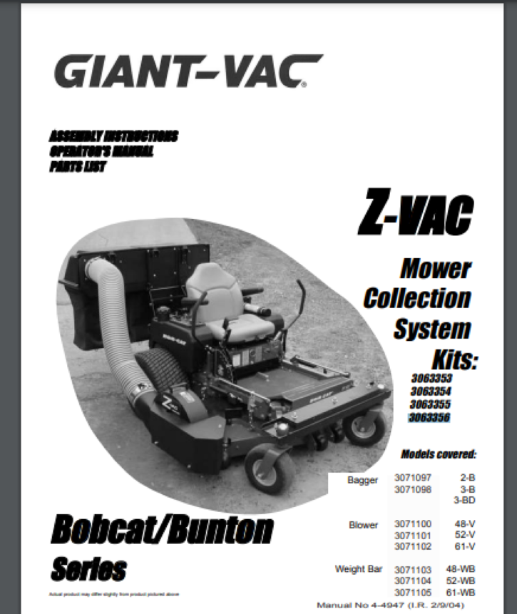 GiantVac mower collection kit manual for Bobcat Bunton mowers 36 pages