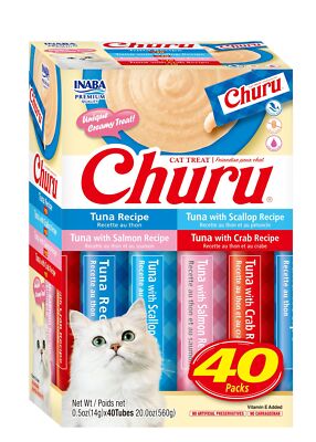 INABA Churu Cat Treats, Grain-Free, Lickable, Squeezable Creamy Purée Cat Tre...