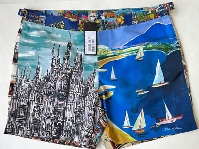 DOLCE & GABBANA Milano Italy Print Swim Board Shorts Green Blue Size XL $650