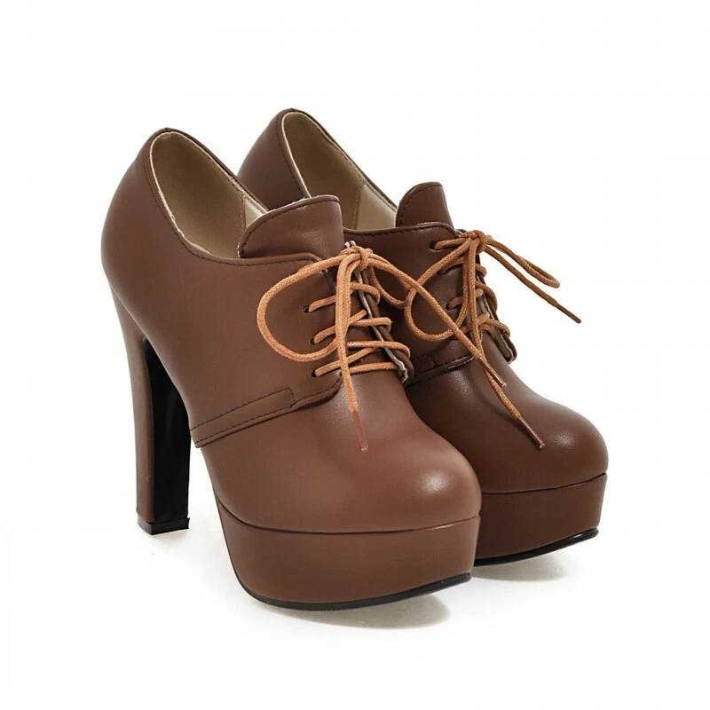 Zapatos de salón informales con plataforma con cordones punta redonda bloque tacón alto brogue para mujer D Foto 2 de 4