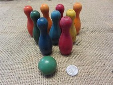 Vintage Miniature Bowling Pin Set Antique Wooden Old Bowl Wood Sport Game 8483