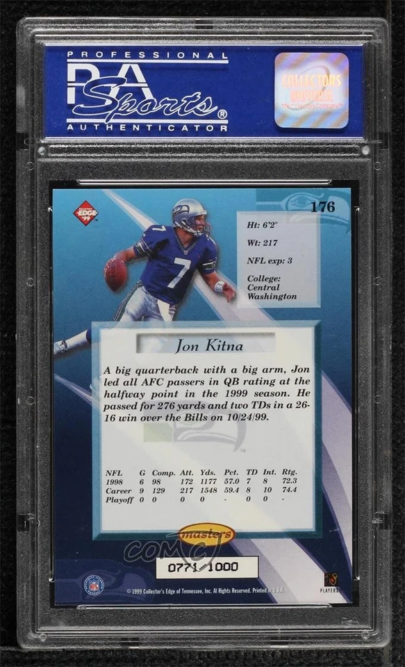 1999 Collector's Edge Masters Galvanized /1000 Jon Kitna #176 PSA 8 - Image 2 of 2