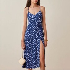 Reformation Womens Moray Side Slit V Neck Strappy Midi Blue Crimini Dress Size 0