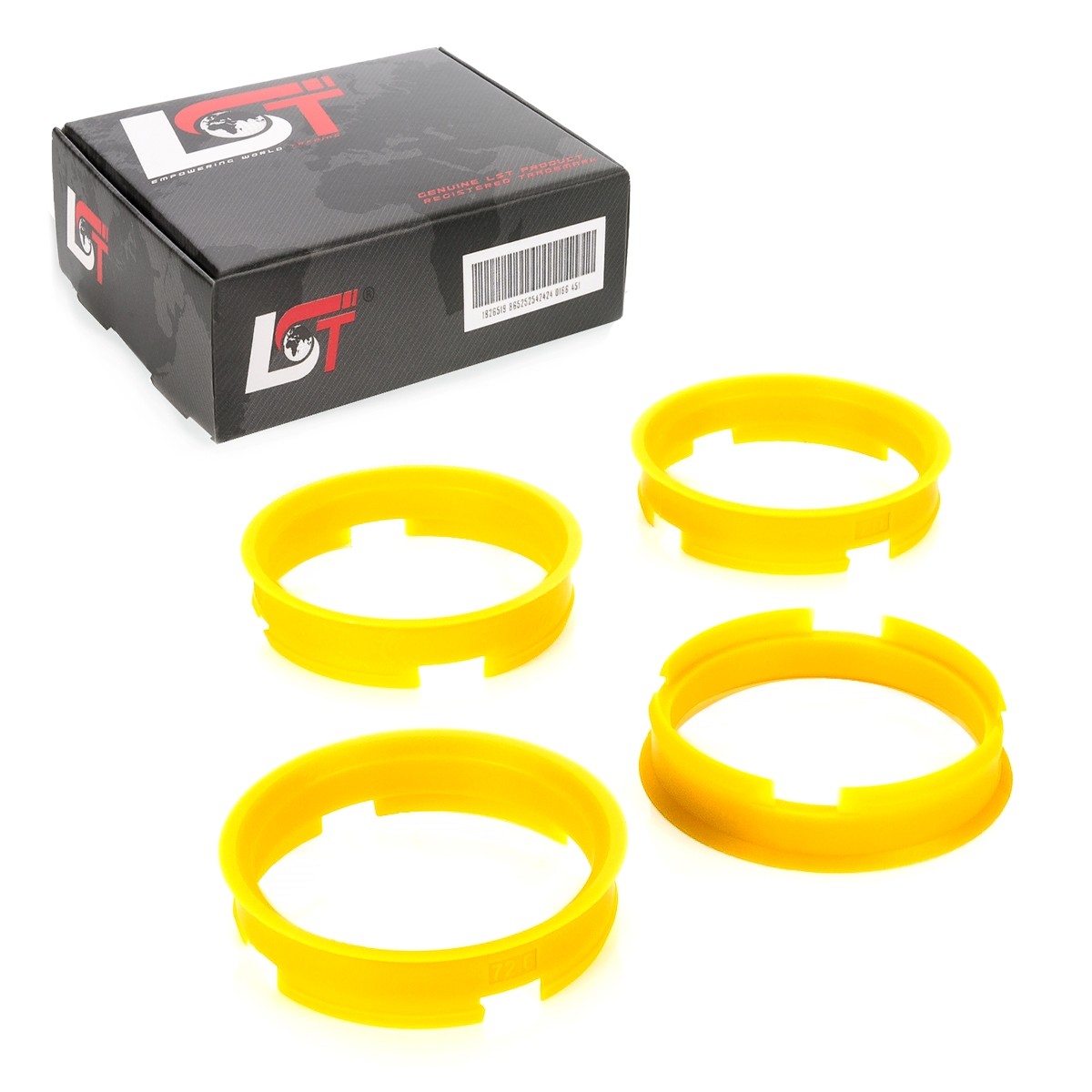 4x Centering Rings Yellow for Alloy Wheels Hub Ø 65.1 mm - Ø 72.6 mm for JAGUAR