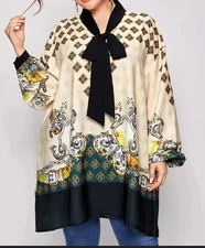 3X Oversized Cosabella? Bella Long Sleeve Boho Blouse Geometric Bow tie Scarf