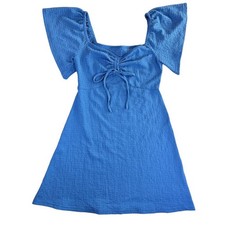 Cider Mini Dress Women Size S Blue Ruched Tie Front Flutter Sleeve Textured