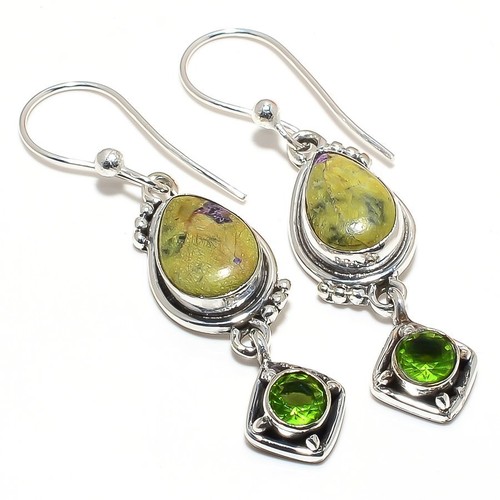 Natural Green Stichtite, Peridot Gemstone 925 Sterling Silver Earring 2.2" Z556