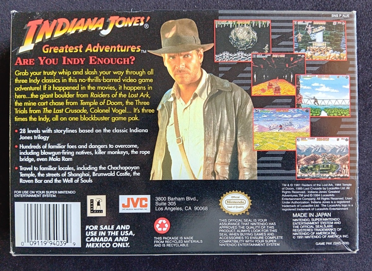 Indiana Jones' Greatest Adventures Super Nintendo SNES Game + Box