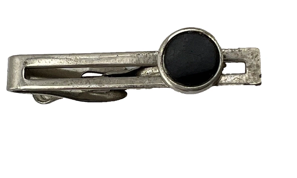 Clipe de gravata vintage art déco tom prata com pedra simulada preto círculo acento - Imagem 2 de 4