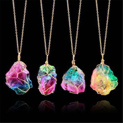 Regenbogen Stein Natürliche Chakra Rock Kette Quarz Anhänger Charm Halskette,