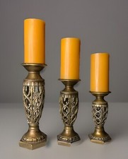 VTG Set 3 Pillar Candle Holders MCM Resin Scroll Design 12  10  8  w/6  Candles