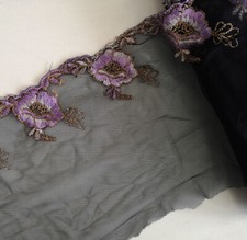 4 Yards 7" Wide Black Mesh Tulle Lace with Embroidered Purple Flower eh0178